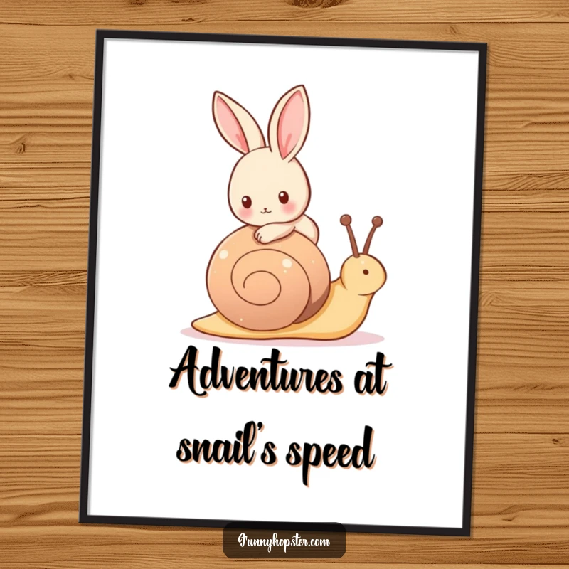 Funny poster art of a tiny rabbit happily riding on the back of a friendly, slow-moving snail.