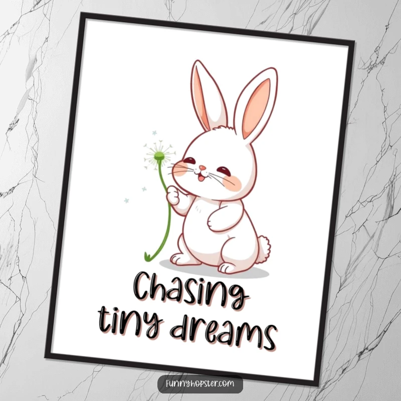 Funny poster art of a rabbit character joyfully batting at a floating dandelion seed, celebrating nature's beauty.