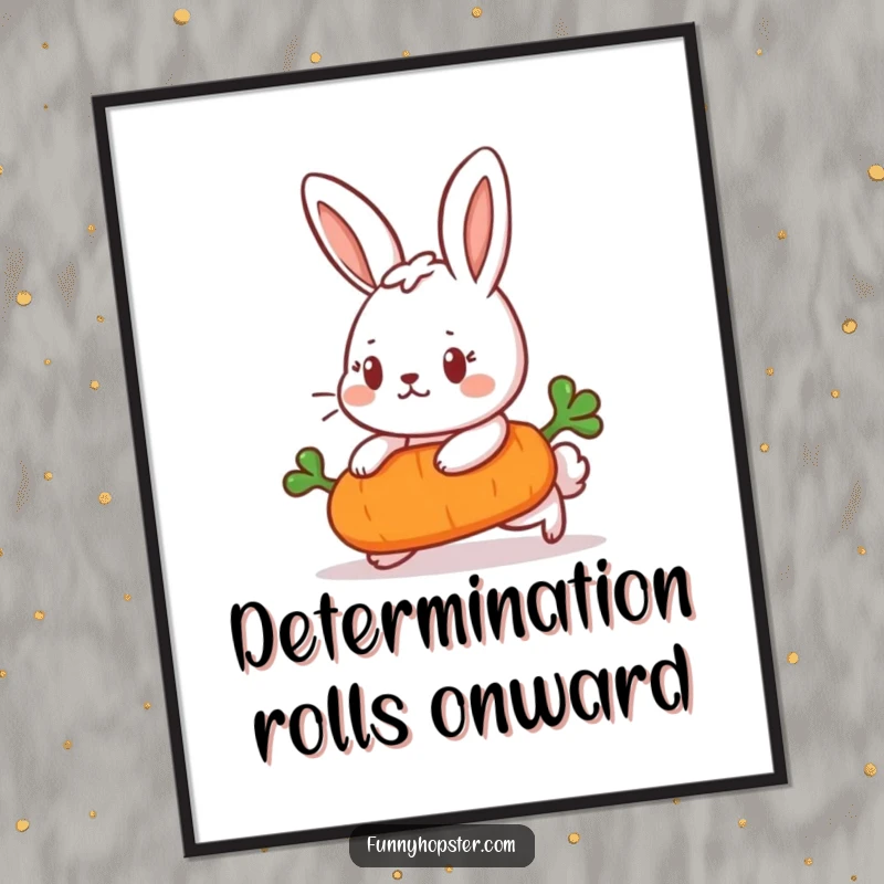 Funny Poster depicting a determined rabbit pushing a rolling carrot, inspiring focus and the pursuit of goals.