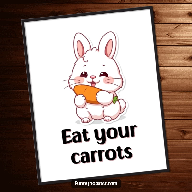 Funny poster print of a fluffy rabbit with twitching whiskers, gleefully consuming a carrot, adding a humorous touch to any wall.