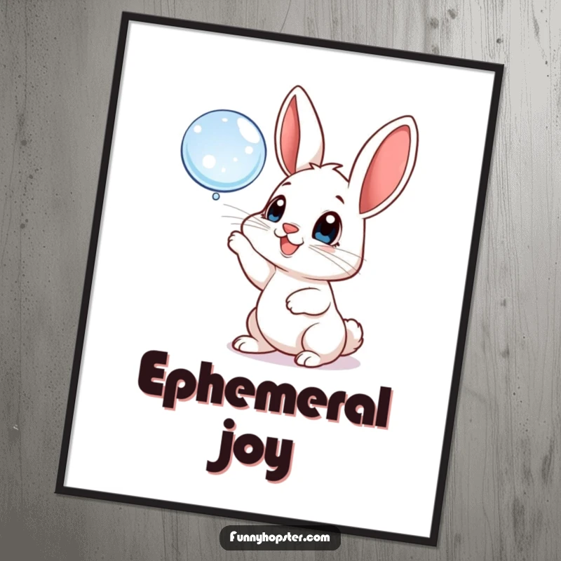 Funny poster of a playful rabbit with big, happy eyes batting at a floating bubble, capturing a moment of pure, bubbly fun.
