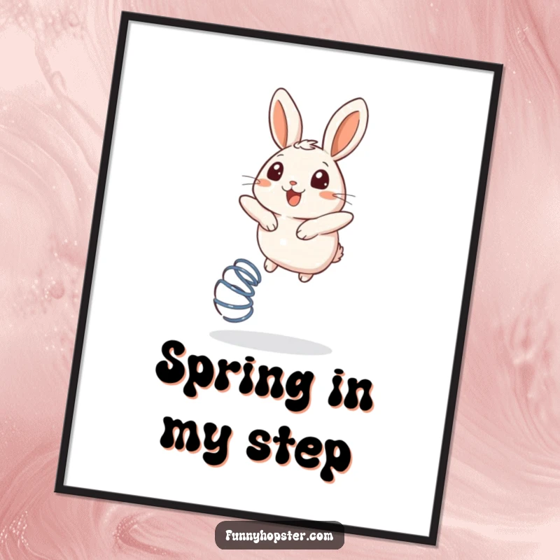 Funny poster art of a round rabbit joyfully bouncing on a spring, showcasing an expression of pure delight.