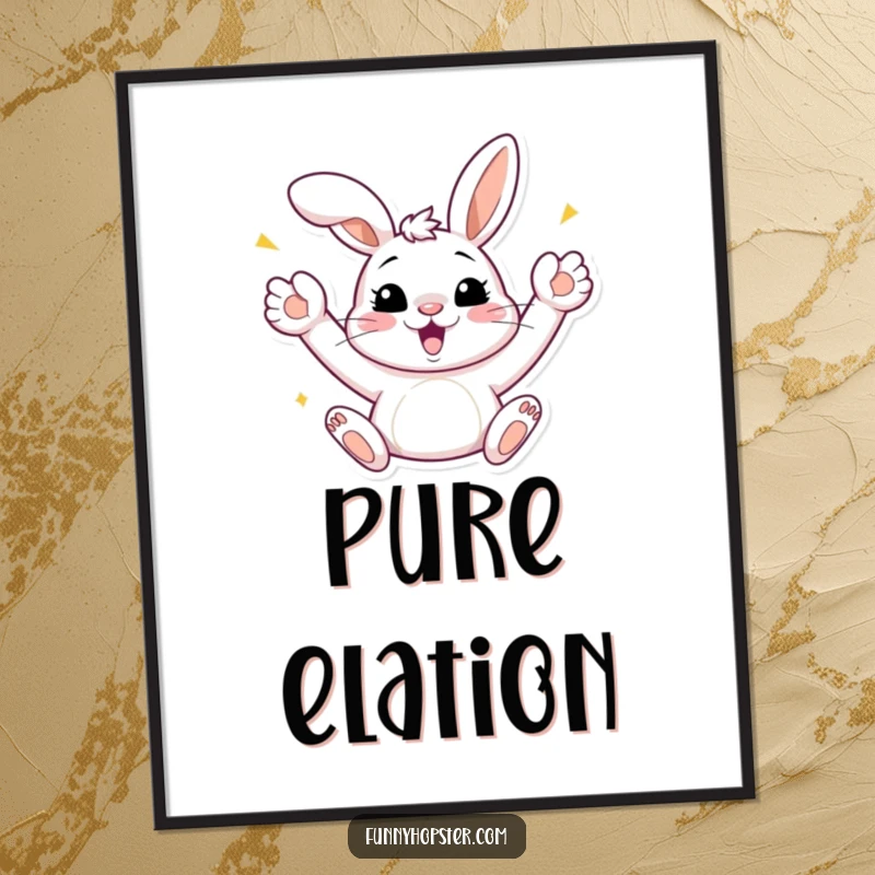 Funny Bunny Celebration Poster: Artistic print of a bunny cheering with paws up, full of celebratory spirit, a great funny gift for walls.
