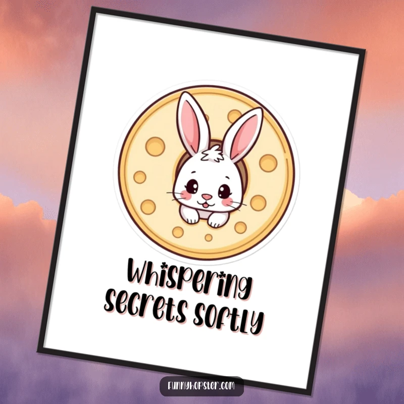 Funny poster art of a mischievous rabbit hiding inside a wheel of cheese, with only its head peeking out.