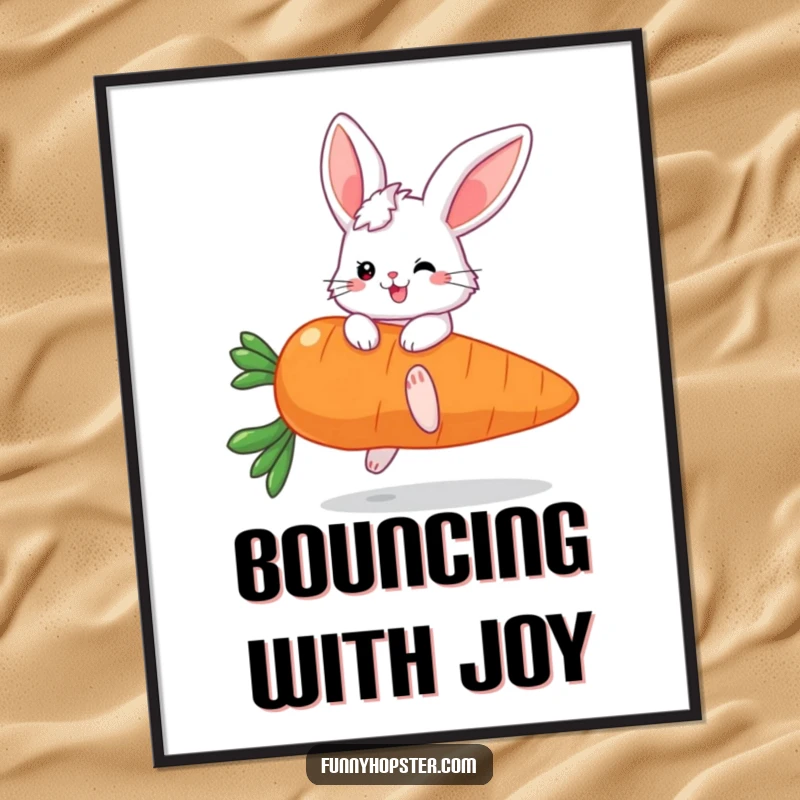 Funny poster depicting a fluffy bunny character with enormous ears joyfully bouncing on a giant carrot, showcasing pure excitement.
