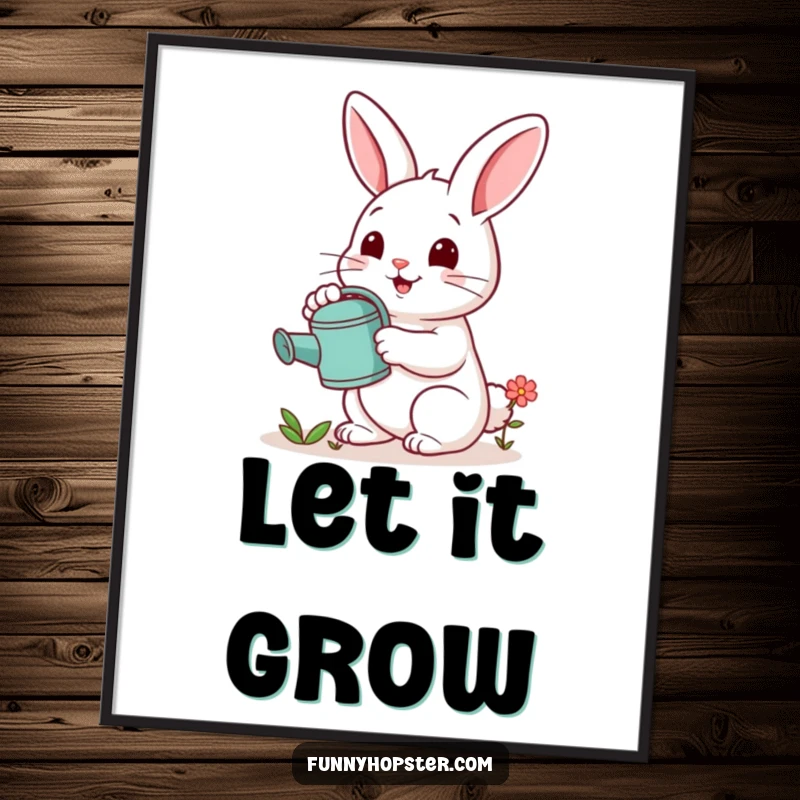 Funny poster print of a cheerful rabbit with a watering can, tending to a tiny flower, evoking a sense of calm and growth.