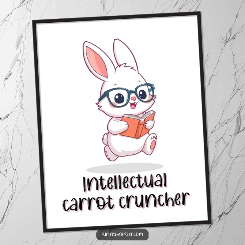 Funny poster of a fluffy rabbit wearing glasses, hopping excitedly with a book, conveying studious joy and playful intellect.