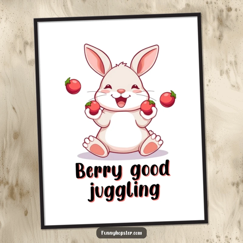 Funny poster art of a happy rabbit skillfully juggling three shiny berries with its paws, showcasing talent.