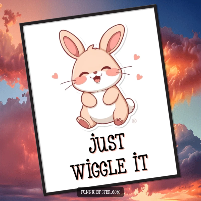 Funny Kawaii Rabbit Poster: Amusing wall art of a giggling bunny doing a funny wiggle, perfect for any room.