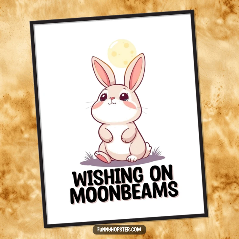 Funny poster art of a rabbit character looking up at the moon with eyes filled with wonder and cosmic dreams.