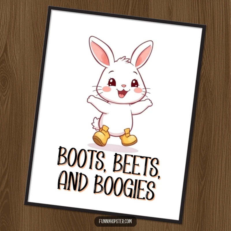 Funny poster art print of a smiling rabbit in tiny boots, joyfully executing a happy dance with energetic flair.