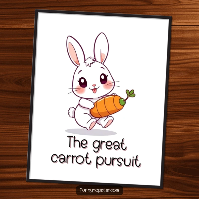 Funny poster showcasing a playful rabbit character in pursuit of a bouncing carrot, capturing dynamic movement and joy.