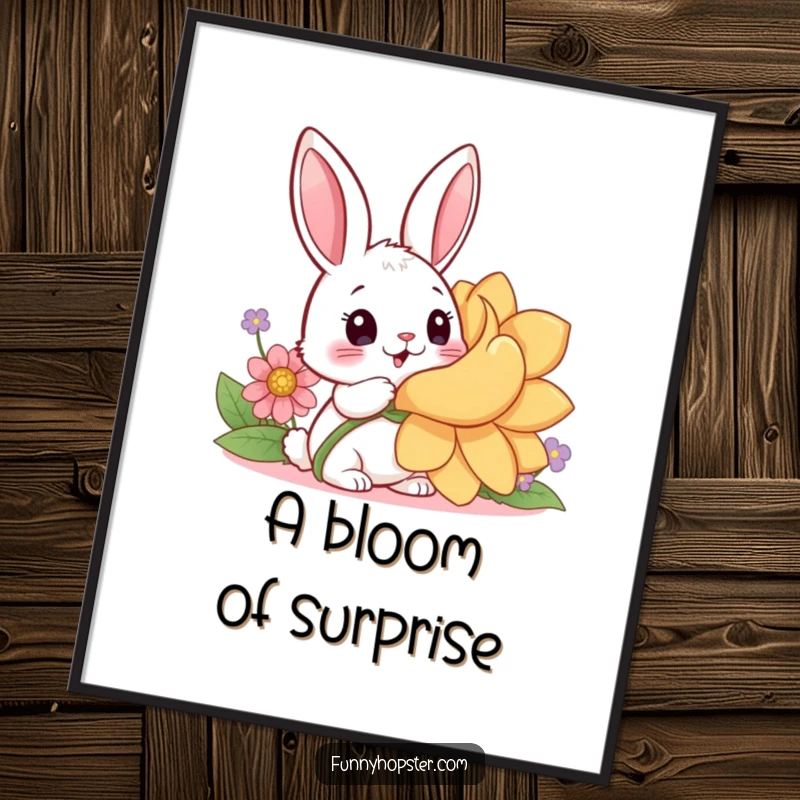 Funny poster print of a surprised kawaii rabbit discovering a giant flower, adding whimsical decor and gentle humor.