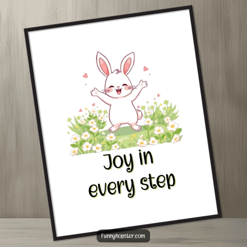 Funny Poster of a happy rabbit doing a celebratory dance in a field of clover, radiating pure joy and luck.