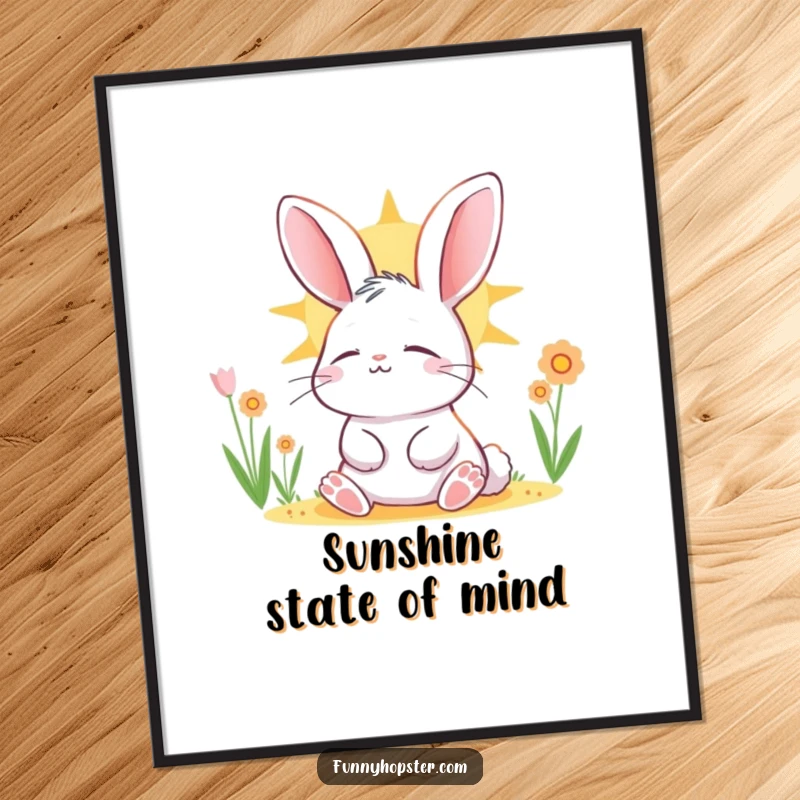 Funny rabbit character basking peacefully in the sun, eyes closed in contentment, displayed as serene wall art.