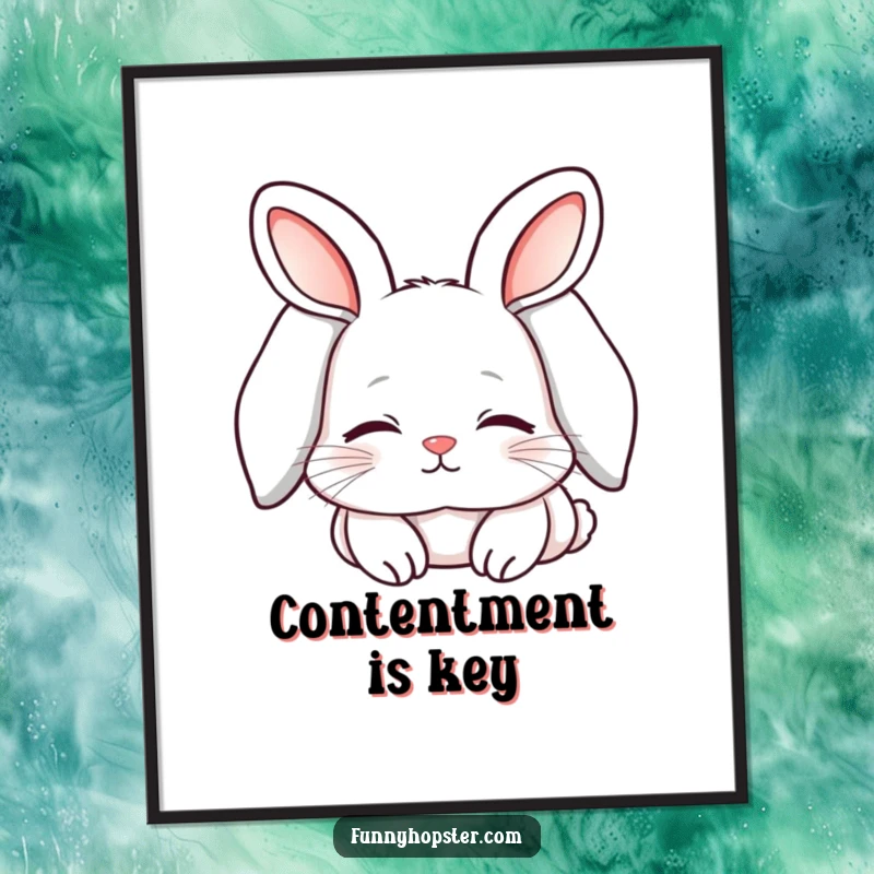 Funny poster showcasing a kawaii rabbit with long, drooping ears, looking peacefully sleepy and content, perfect for a serene vibe.