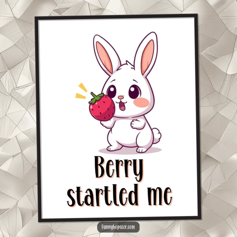 Funny poster of a rabbit with wide, startled eyes, reacting to a bouncing berry, printed art for laughs.