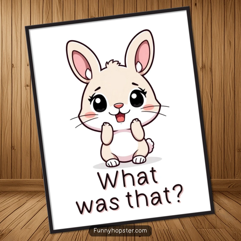 Funny poster featuring a shocked rabbit with its ears dramatically perked high, creating a humorous piece of wall art.