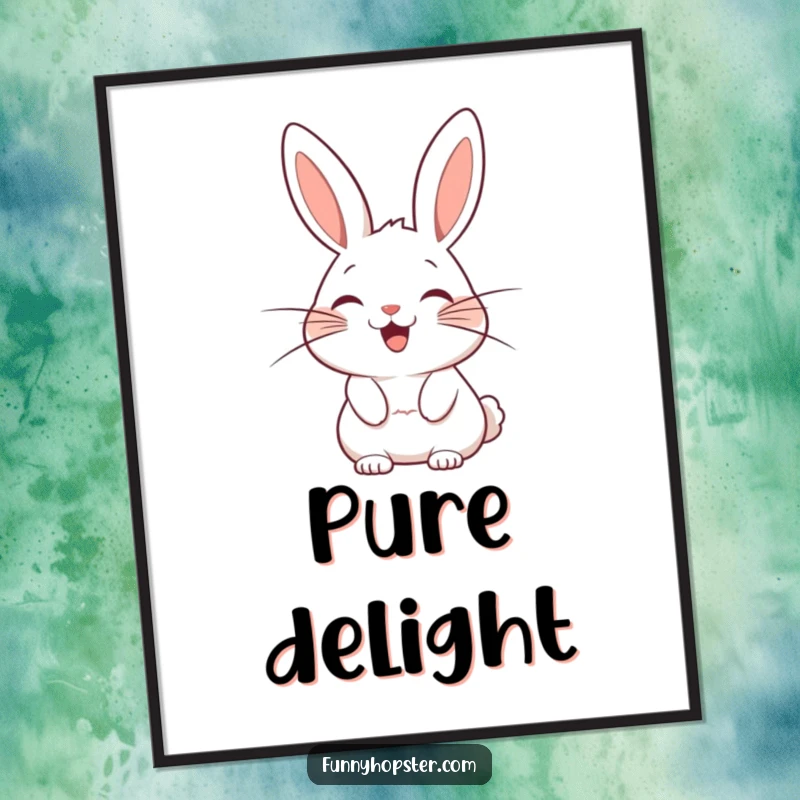 Funny poster of a stylized rabbit character with oversized, exaggerated whiskers wagging with sheer, unbridled delight.