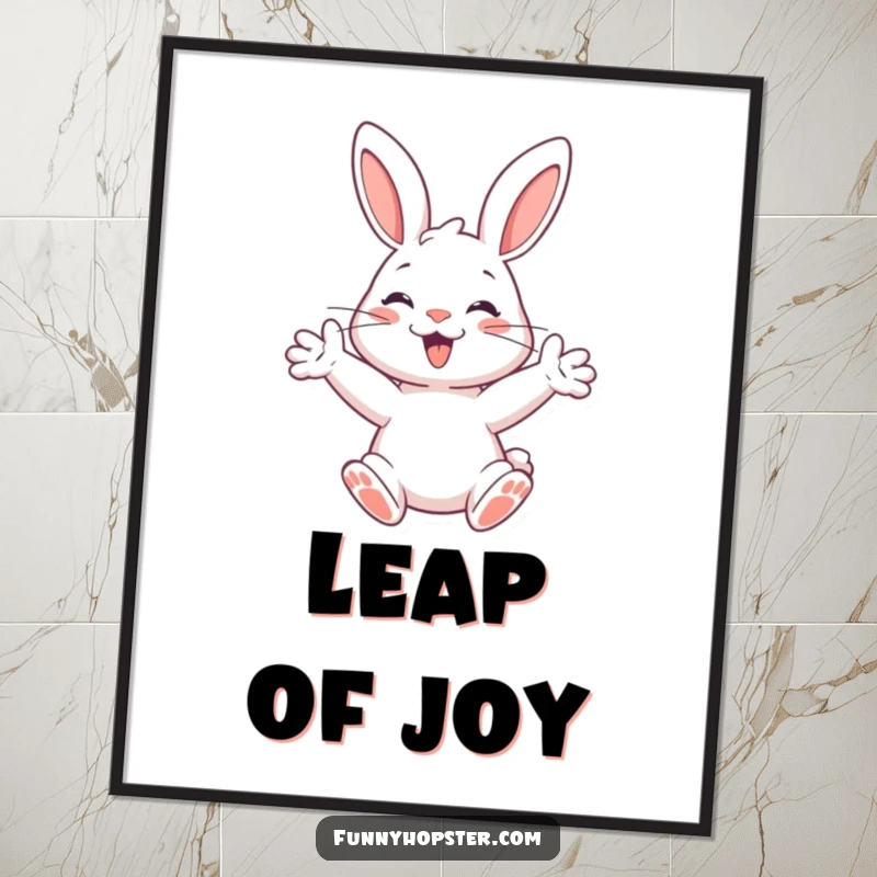 Funny poster showcasing a happy rabbit with paws outstretched, ready to spring, creating an energetic and humorous piece.
