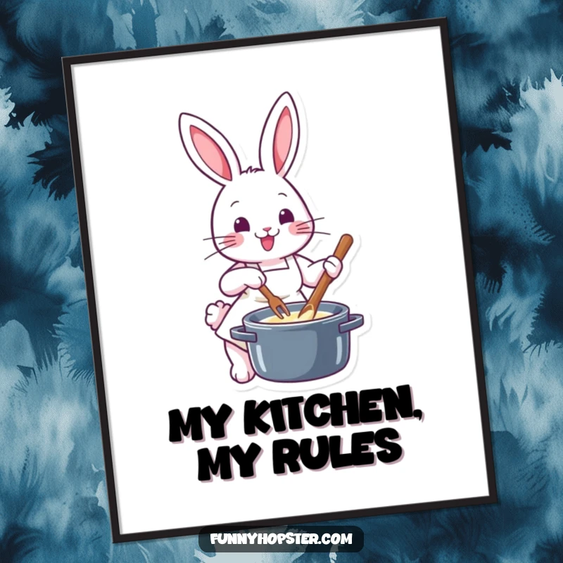 Funny chef rabbit in a tiny apron, enthusiastically stirring a pot, displayed as vibrant wall art for kitchens and dining rooms.