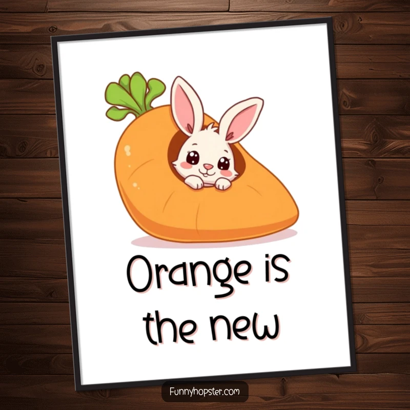 Funny poster of a curious rabbit peeking from a giant hollow carrot, symbolizing playful mystery and hidden delights.
