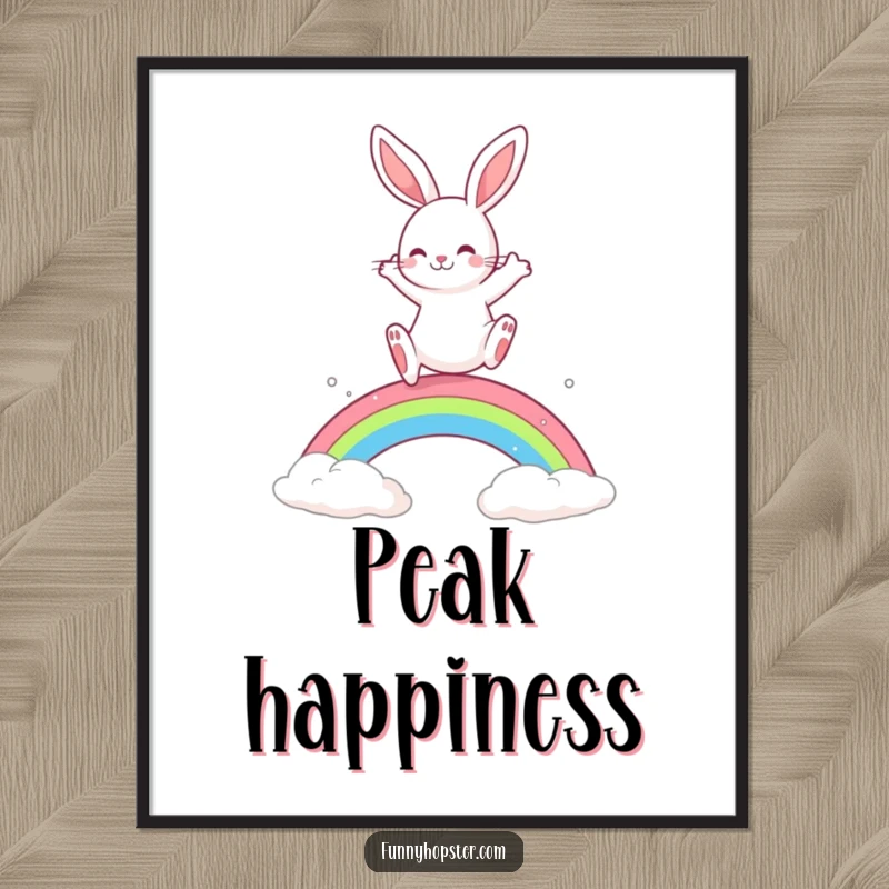 Funny Rabbit Poster: A playful rabbit leaps over a vibrant rainbow, radiating happiness and whimsical charm.