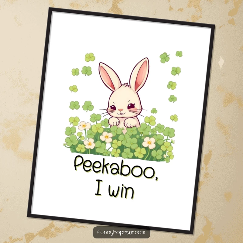 Funny poster showcasing a mischievous rabbit hiding in clover, creating a humorous and engaging piece of wall art.