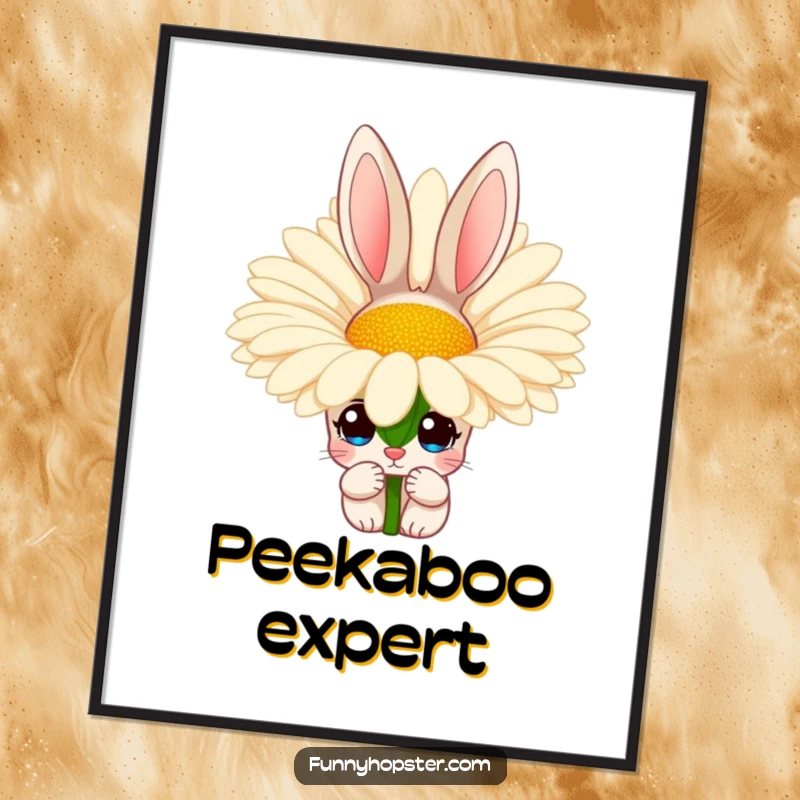 Funny poster print of a rabbit with wide, curious eyes peeking from behind a giant daisy, creating a sense of playful wonder.