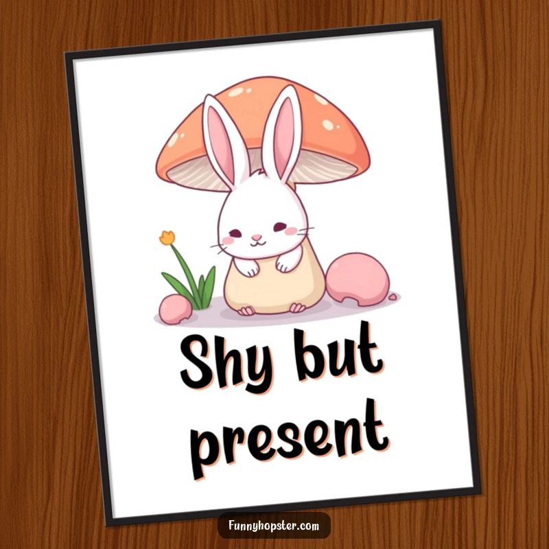 Funny Poster depicting a shy rabbit's ears visible above a mushroom, bringing whimsical charm and humor to wall decor.
