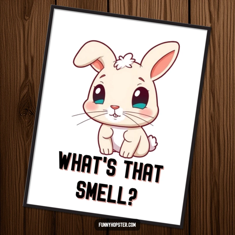 Funny poster of a curious rabbit character with its nose twitching, capturing a moment of intense investigation and humor.