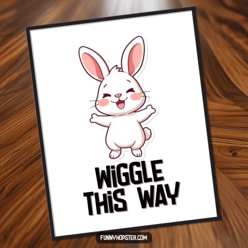 Funny poster print of a cartoon rabbit joyfully wiggling, adding a touch of humor and happiness to any room.