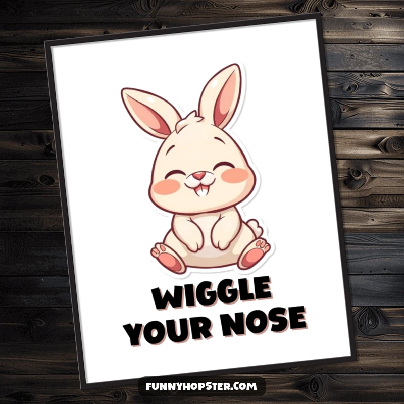 Funny bunny character wiggling its nose with extreme delight, perfect for a funny poster.