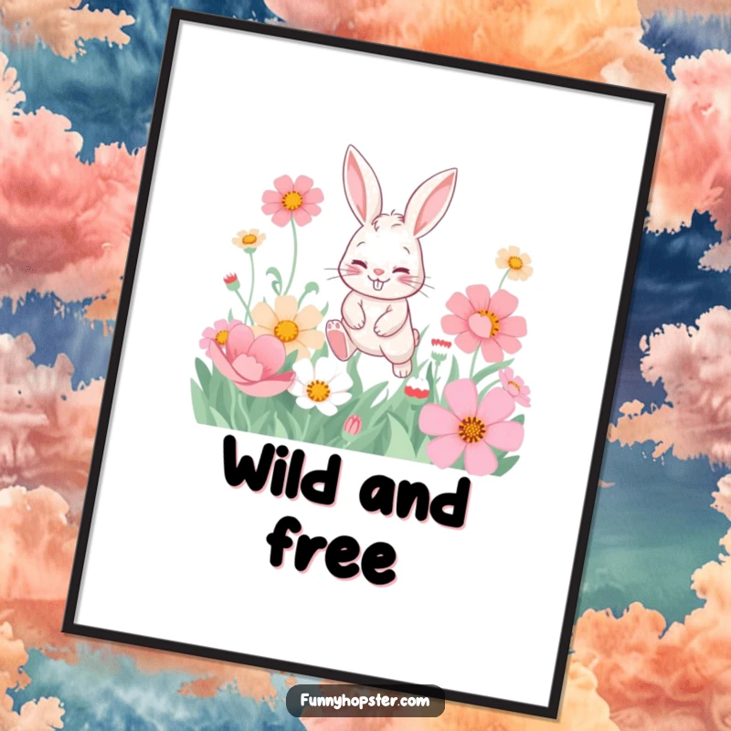 Funny poster of a playful rabbit character with an obvious mischievous grin hopping through a field of oversized, vibrant flowers.
