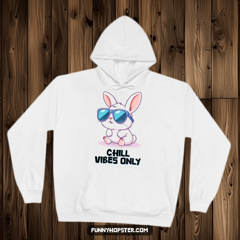 Funny hoodie showcasing a cute kawaii rabbit wearing oversized sunglasses, enjoying a peaceful sunbath with a cool, relaxed demeanor.