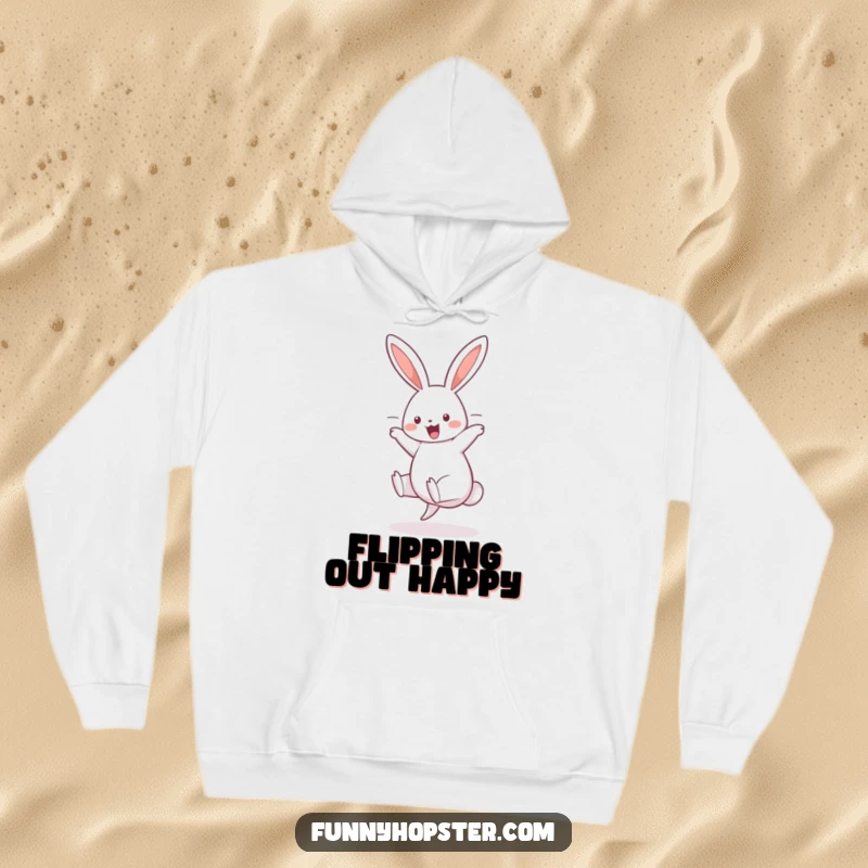 Funny hoodie showing a cheerful rabbit mid-cartwheel, long ears trailing, symbolizing zest for life and playful spirit.