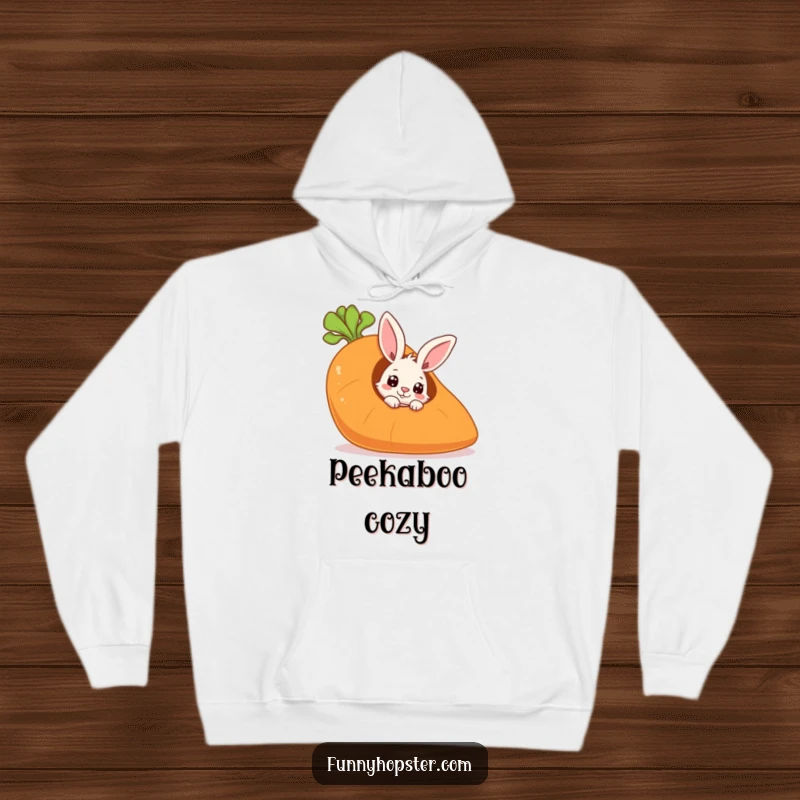 Funny hoodie featuring a curious rabbit peeking from a giant hollow carrot, embodying warmth, comfort, and playful secrets.