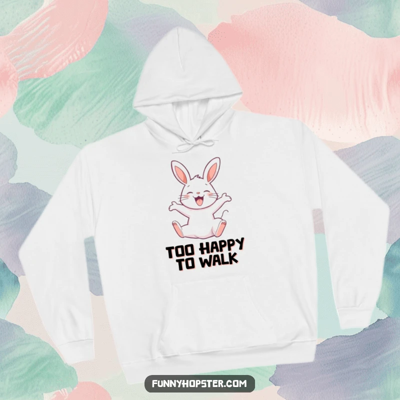 Funny hoodie featuring a joyful rabbit character performing a happy backflip, perfect for cozy moments and expressing cheerful energy.