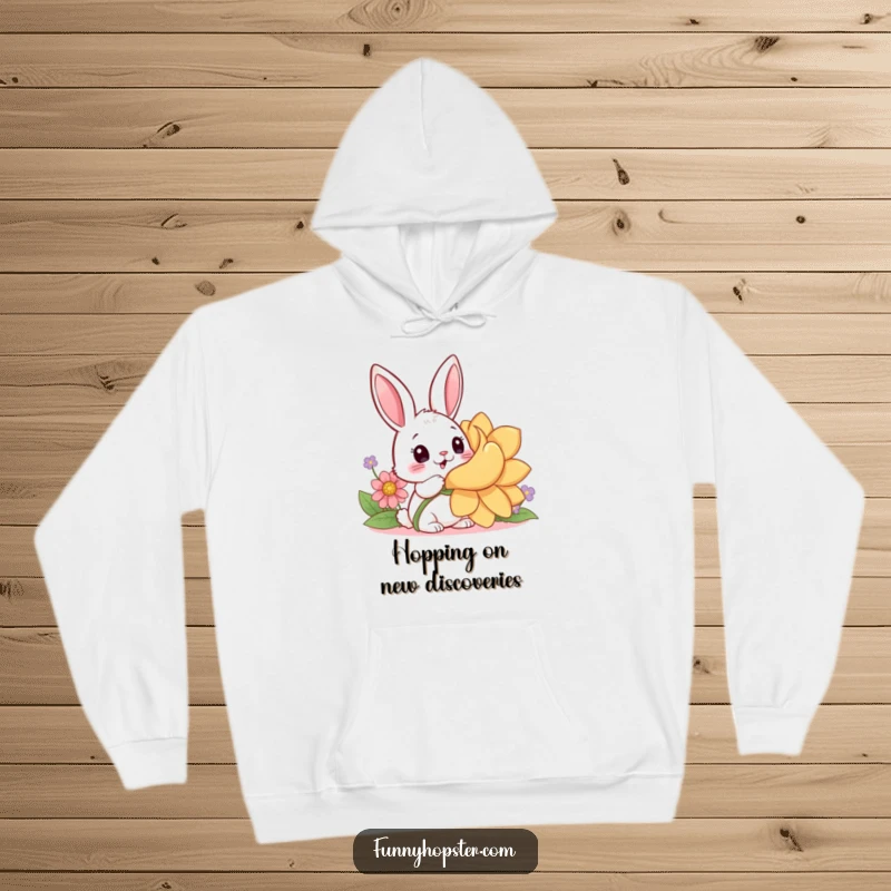 Funny hoodie with a surprised kawaii rabbit discovering a giant flower, offering warmth and a delightful touch of nature's wonder.