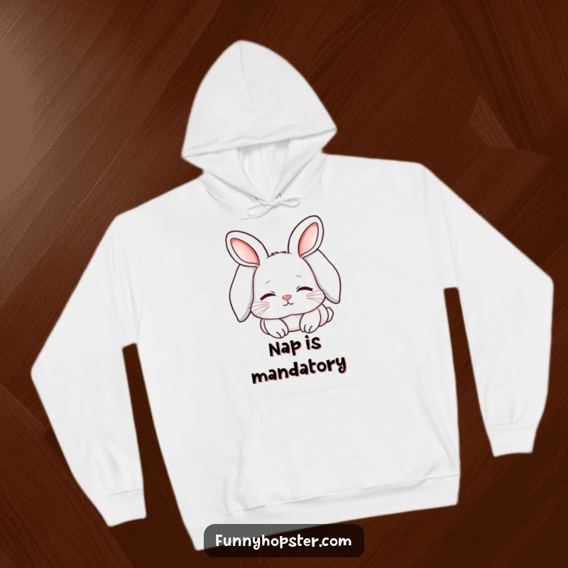 Funny hoodie showcasing a cute kawaii rabbit with long, floppy ears, looking utterly sleepy and content, ideal for cozy moments.