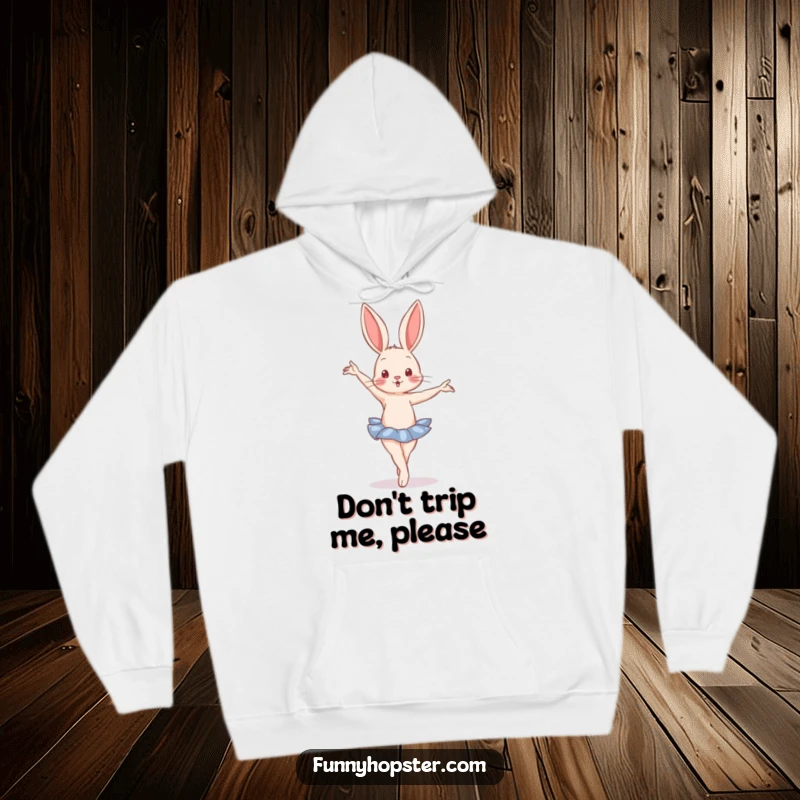 Funny Hoodie displaying a rabbit in a graceful ballet pose, merging comfort with artistic expression and humor.