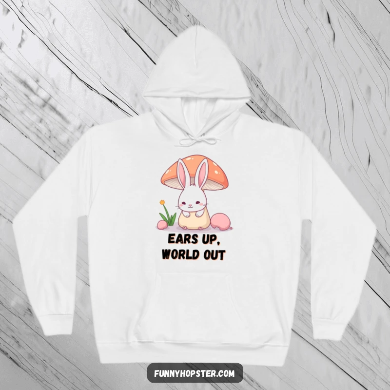 Funny Hoodie showing a shy rabbit's ears above a mushroom, perfect for introverts, a cute and humorous gift.