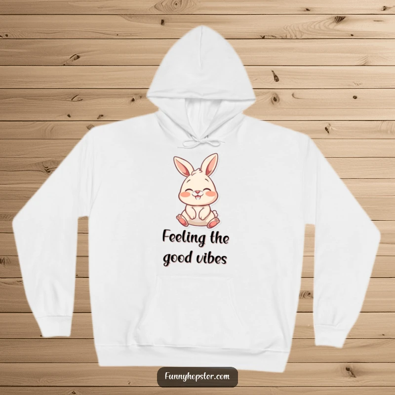 Funny bunny character wiggling its nose in delight, perfect for a cozy funny hoodie.