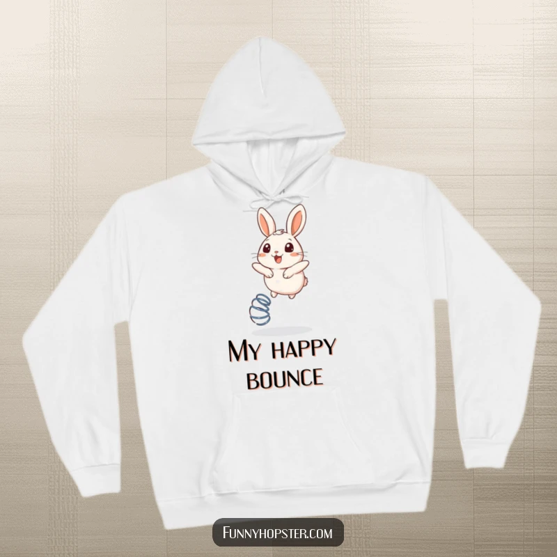 Funny hoodie of a round rabbit bouncing high on a spring, radiating pure joy and delight.