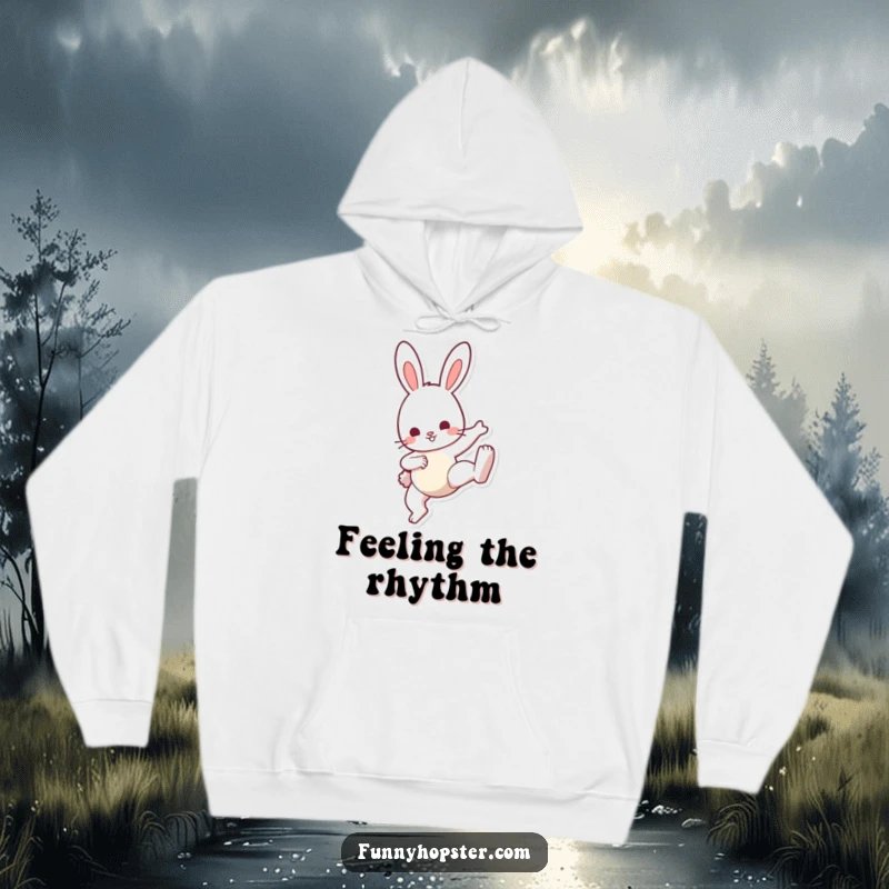Funny Bunny Kick Hoodie: A warm hoodie featuring a bunny doing a cute, energetic kick, perfect for a cozy and funny gift.