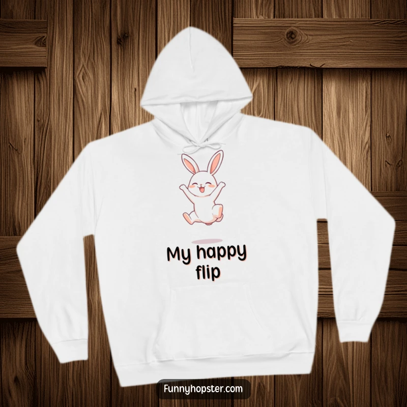 Funny hoodie featuring a rabbit performing a joyful somersault with legs up in the air, perfect for energetic comfort.