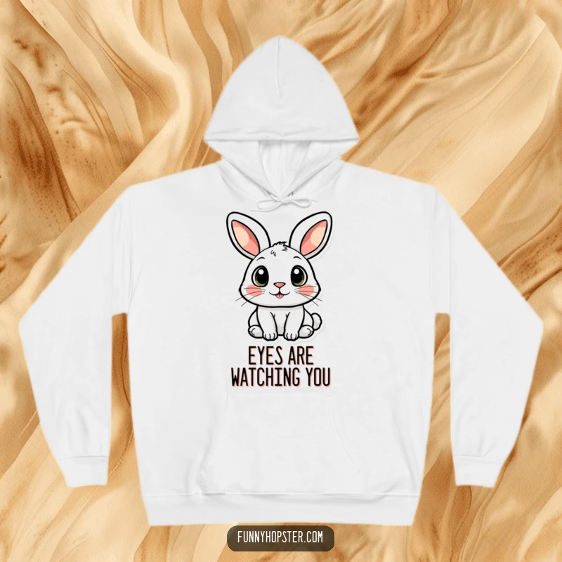 Funny hoodie with a charming rabbit character, emphasizing its large, curious eyes, perfect for cozy contemplation.