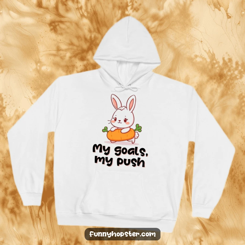 Funny Hoodie showing a determined rabbit pushing a carrot, providing motivational comfort and humor for achievers.