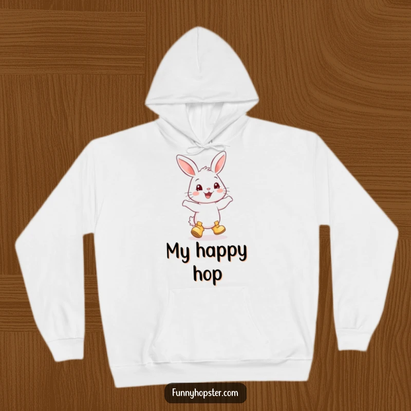 Funny hoodie showcasing a cute rabbit in tiny boots, performing a happy, spirited dance that exudes pure delight.
