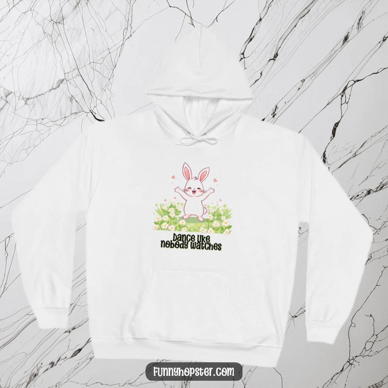 Funny Hoodie with a happy rabbit performing a celebratory dance amongst a field of lucky clover, perfect for cozy cheer.